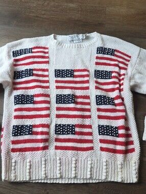 Vintage Marissa Christina Hand Knitted American Flag Patriotic Sweater *flaw*